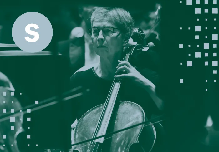 Infärgad bild över foto på cellist, Silver-ikon i bild